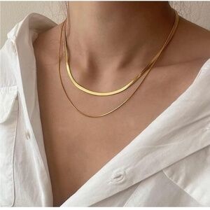 GOLD 14k Gold Plated Two Piece Herringbone Snake Necklace Set